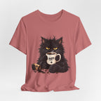 Nope Cat Coffee T‑Shirt — Grumpy Black Cat Holding 'Nope' Mug