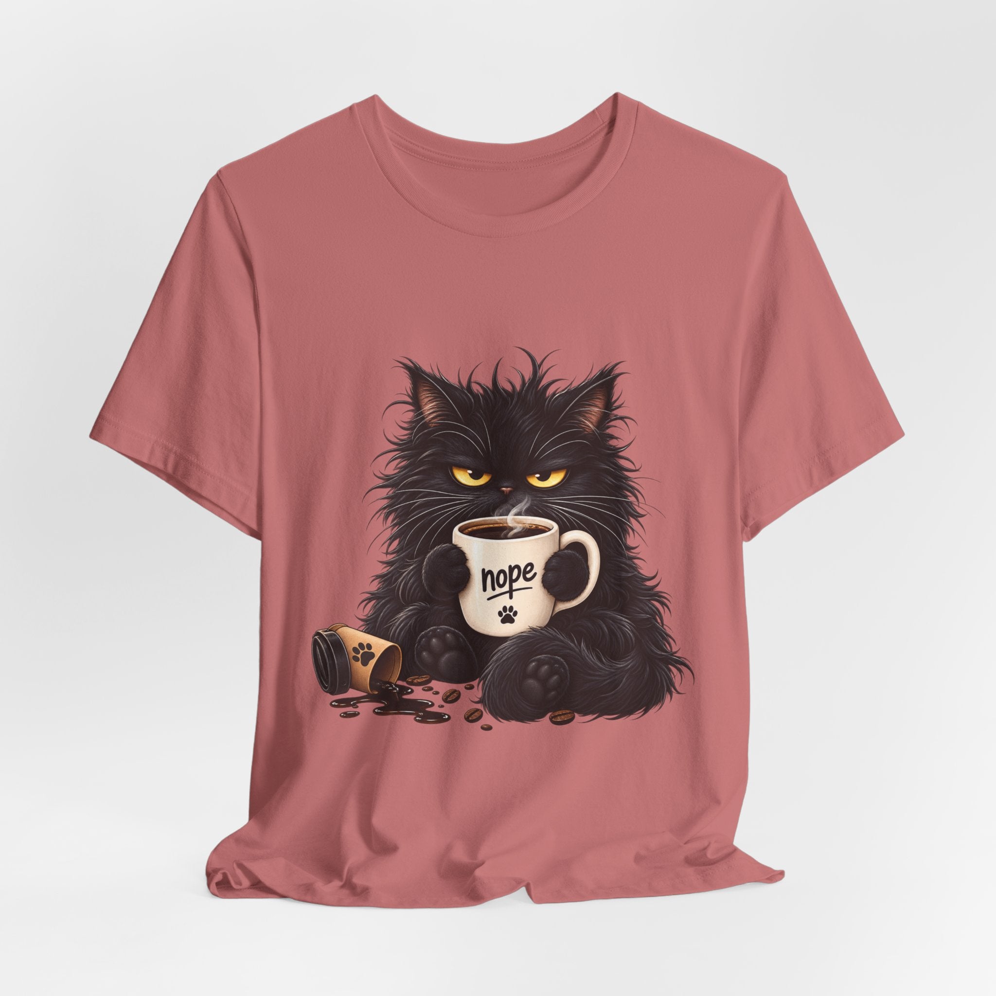 Nope Cat Coffee T‑Shirt — Grumpy Black Cat Holding 'Nope' Mug