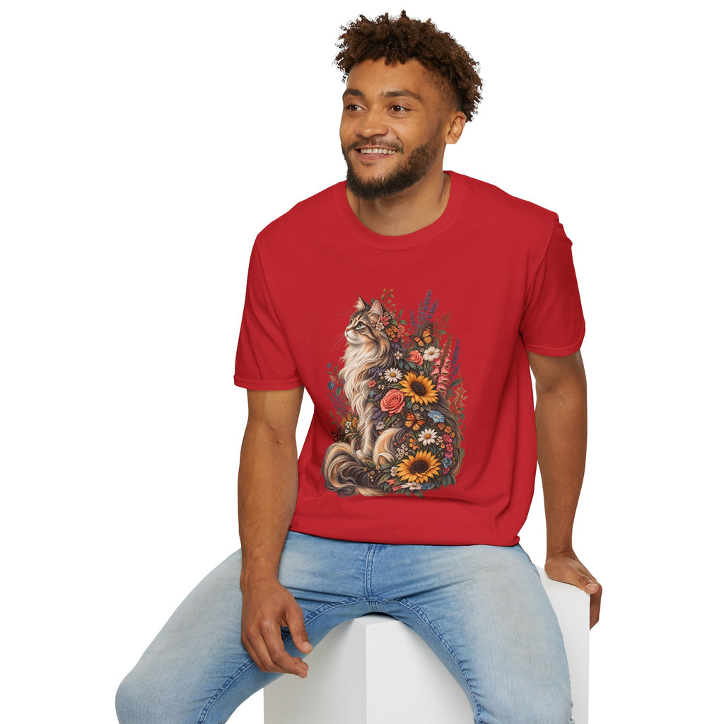 Floral Cat T-Shirt — Sunflower & Wildflower Cat Illustration Tee