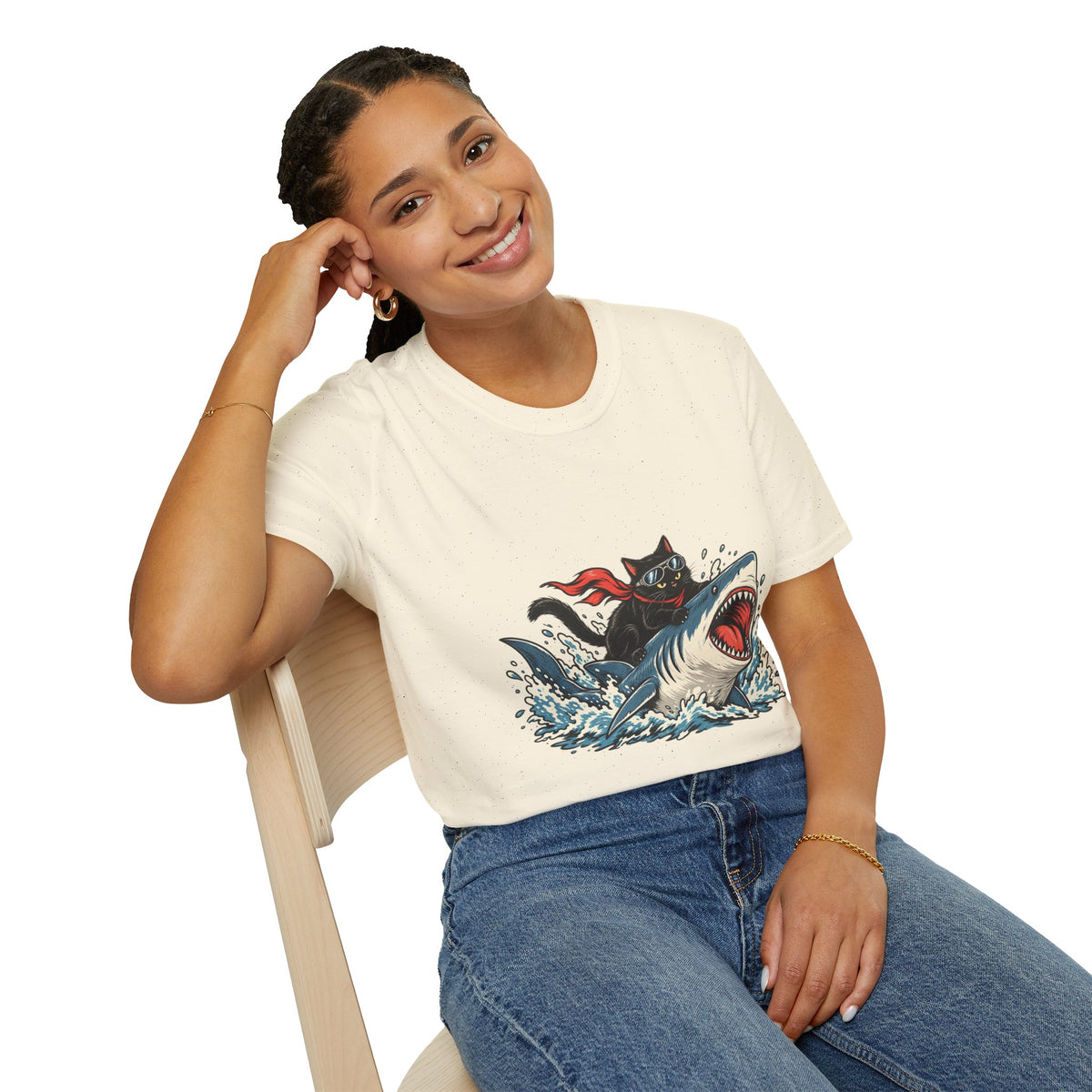 Cat Riding Shark T-Shirt — Retro Surf Graphic Tee for Cat Lovers