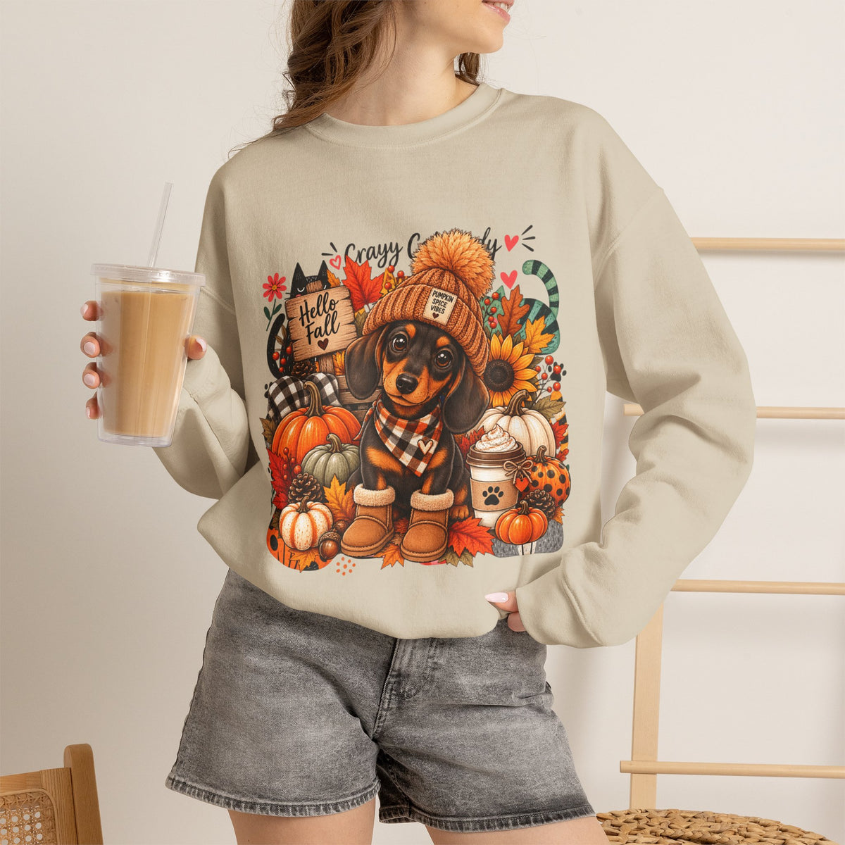 Fall Dachshund Sweatshirt – Cozy Pumpkin Patch Dog Crewneck (Hello Fall)