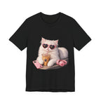 Cat With Boba T-Shirt — Cute White Cat Wearing Heart Sunglasses, Phone & Headphones Tee