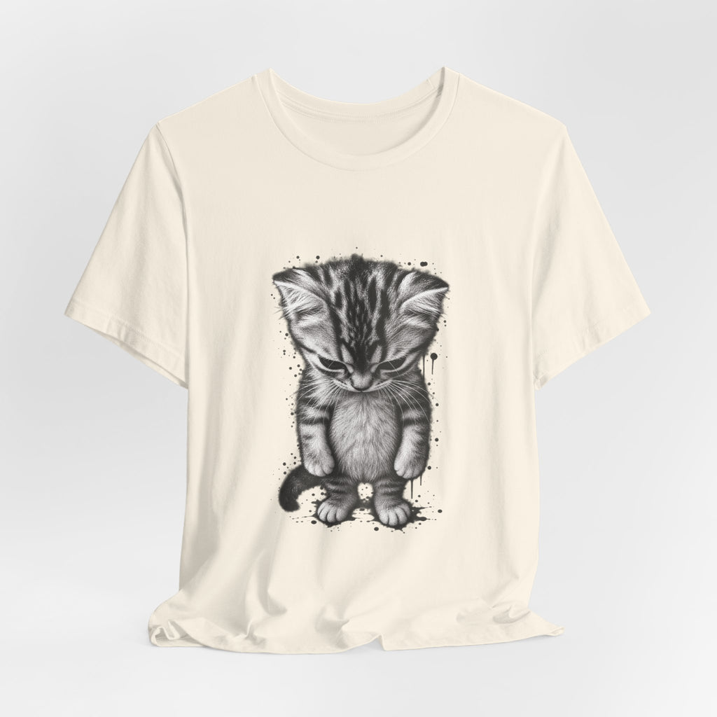 Sad Kitten Illustration T-Shirt — Cute Grayscale Cat Art Tee