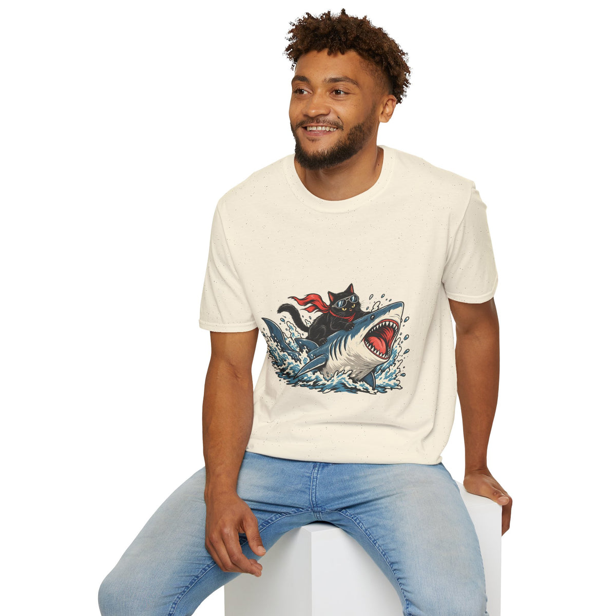 Cat Riding Shark T-Shirt — Retro Surf Graphic Tee for Cat Lovers