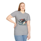 Cat Riding Shark T-Shirt — Retro Surf Graphic Tee for Cat Lovers