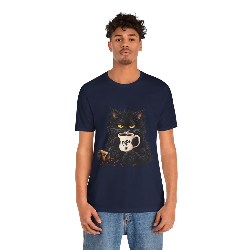 Nope Cat Coffee T‑Shirt — Grumpy Black Cat Holding 'Nope' Mug