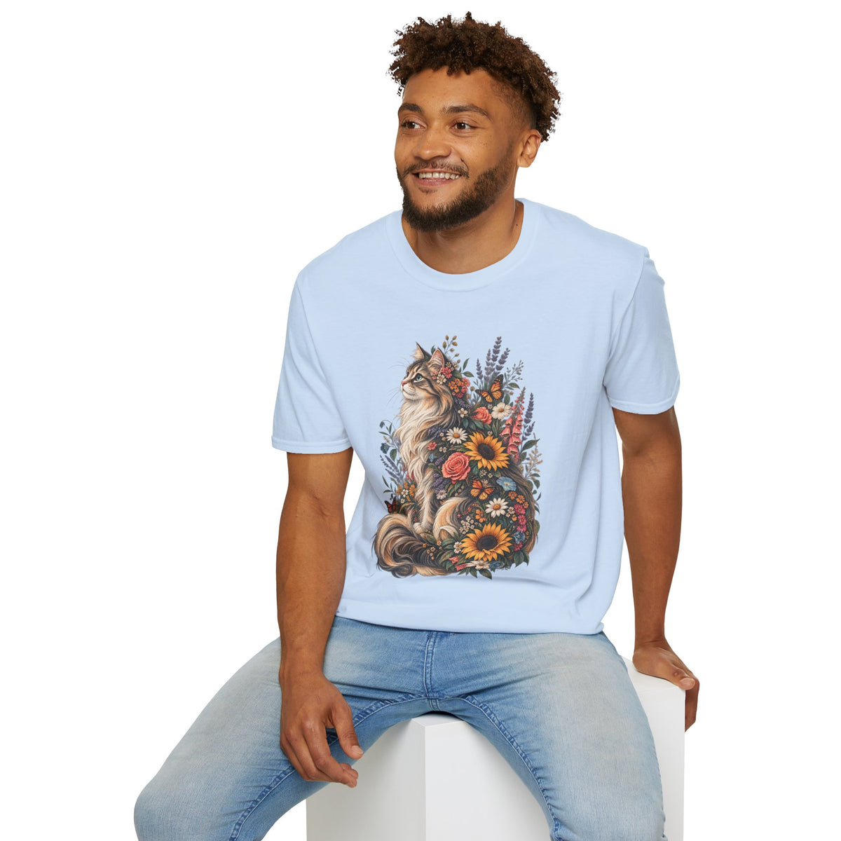 Floral Cat T-Shirt — Sunflower & Wildflower Cat Illustration Tee