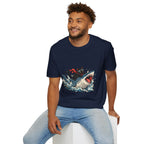 Cat Riding Shark T-Shirt — Retro Surf Graphic Tee for Cat Lovers