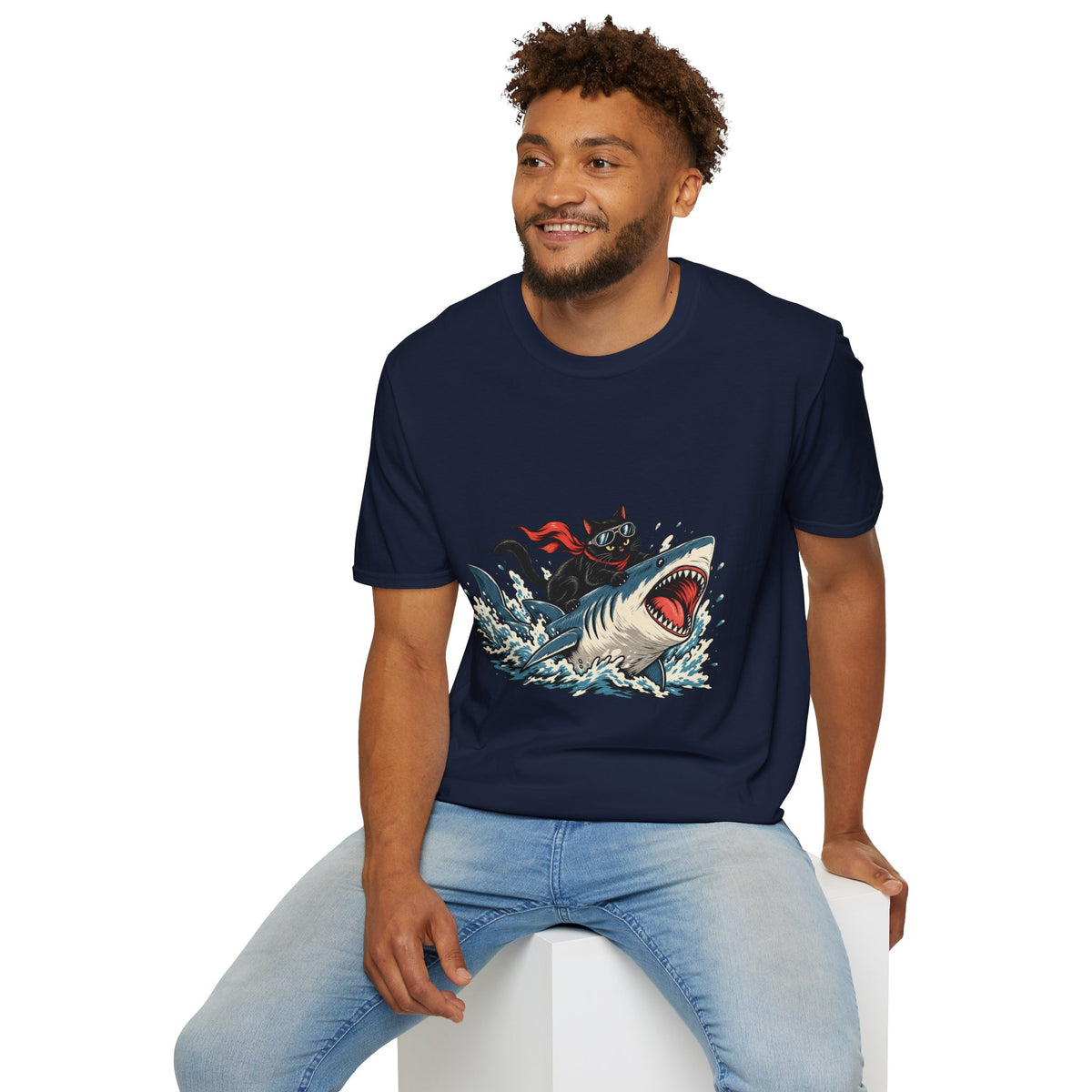 Cat Riding Shark T-Shirt — Retro Surf Graphic Tee for Cat Lovers