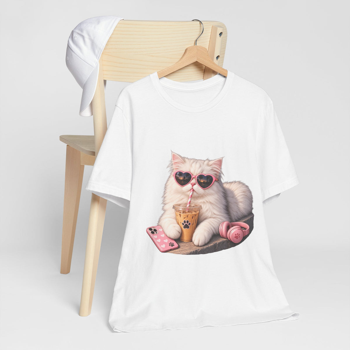 Cat With Boba T-Shirt — Cute White Cat Wearing Heart Sunglasses, Phone & Headphones Tee