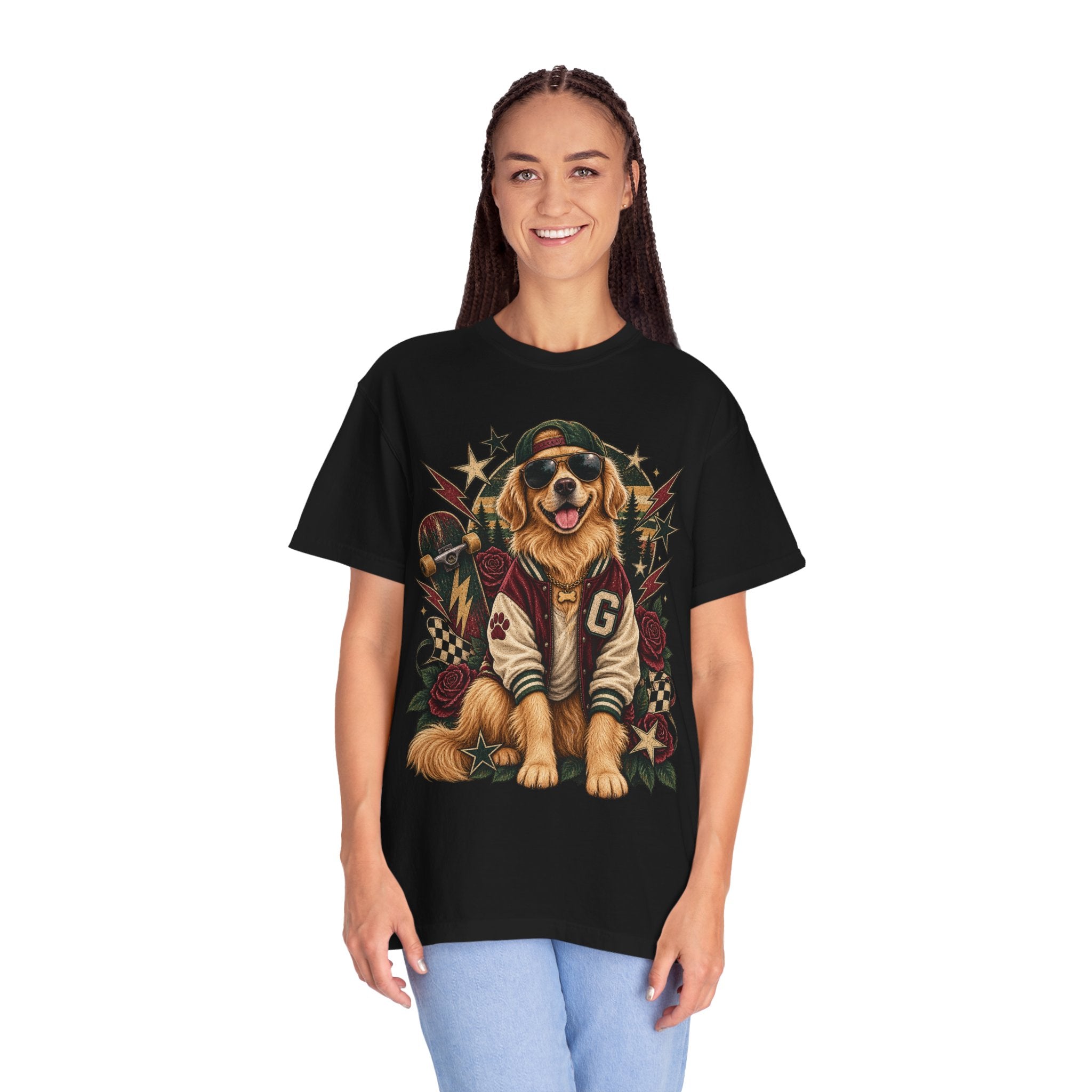 Golden Retriever Varsity T-Shirt — Retro Dog Jacket Design