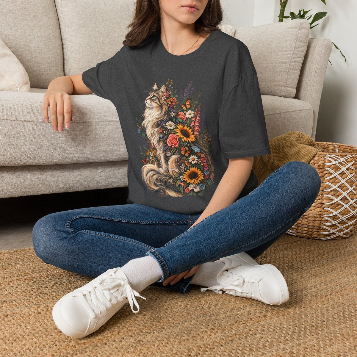 Floral Cat T-Shirt — Sunflower & Wildflower Cat Illustration Tee