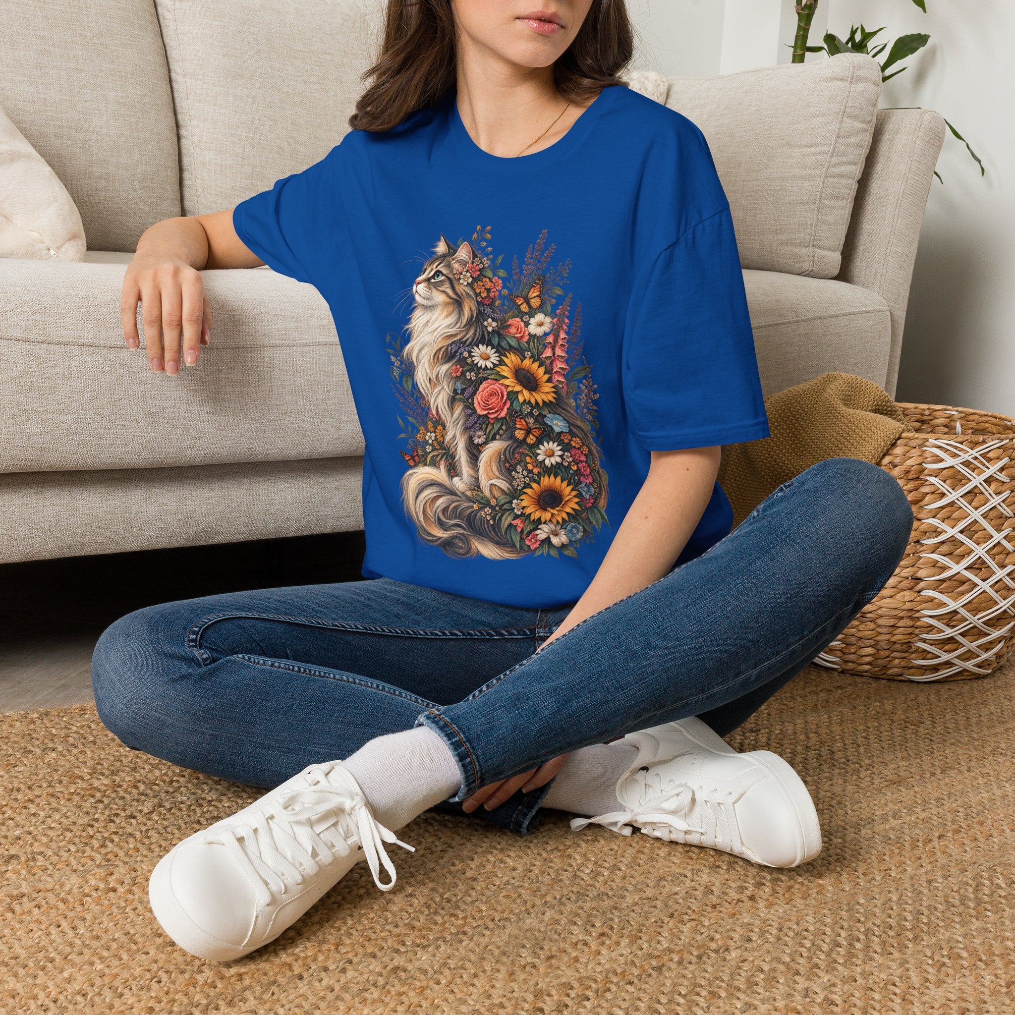 Floral Cat T-Shirt — Sunflower & Wildflower Cat Illustration Tee