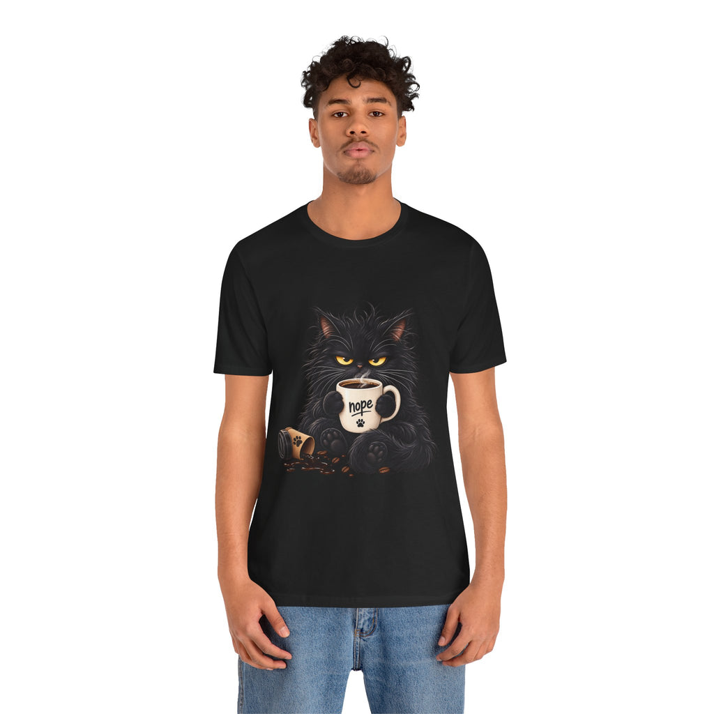 Nope Cat Coffee T‑Shirt — Grumpy Black Cat Holding 'Nope' Mug