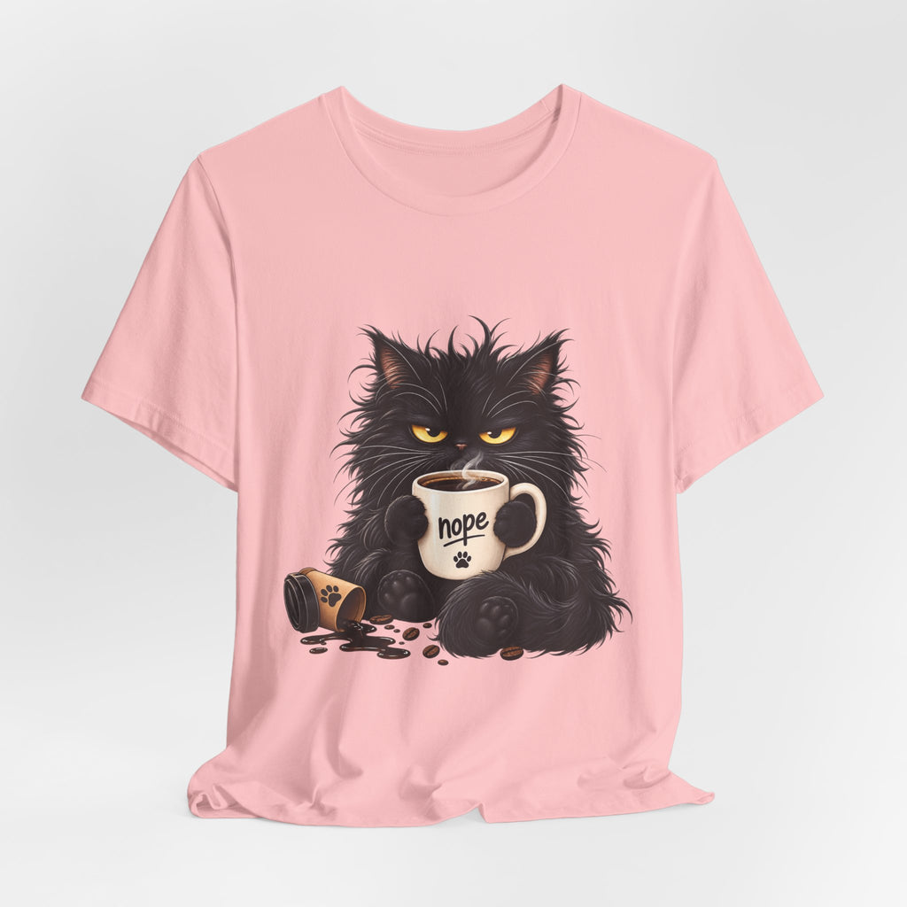 Nope Cat Coffee T‑Shirt — Grumpy Black Cat Holding 'Nope' Mug
