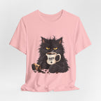 Nope Cat Coffee T‑Shirt — Grumpy Black Cat Holding 'Nope' Mug