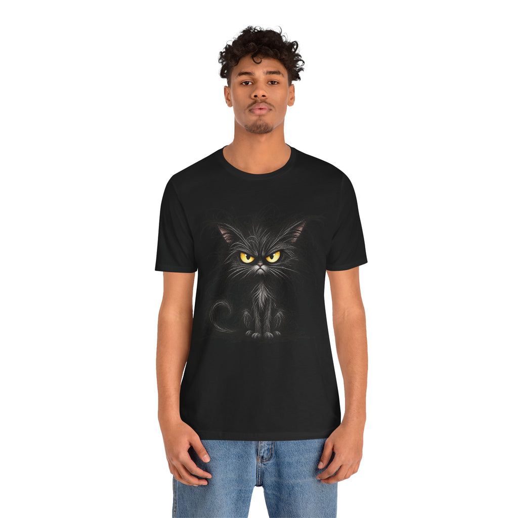 Grumpy Black Cat T‑Shirt — Cute Gothic Cat Tee with Yellow Eyes