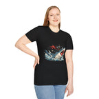 Cat Riding Shark T-Shirt — Retro Surf Graphic Tee for Cat Lovers