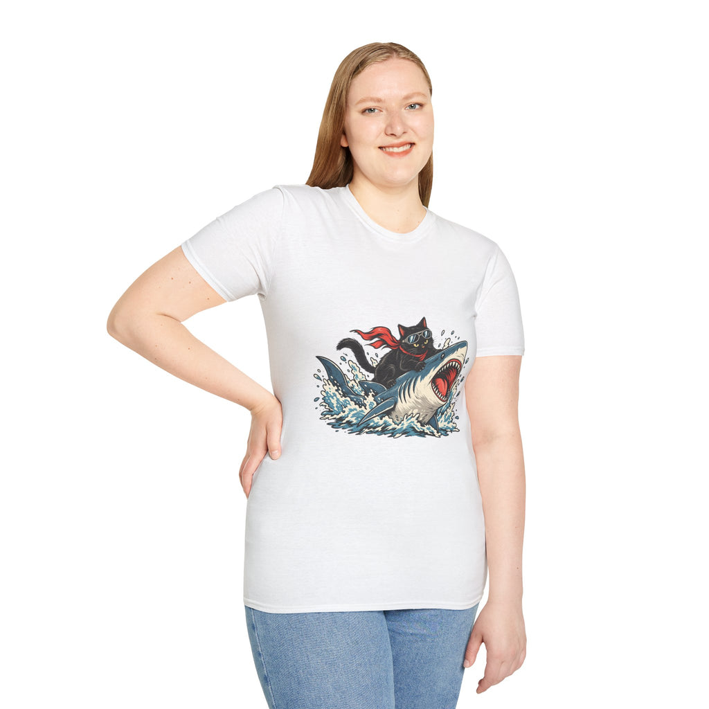 Cat Riding Shark T-Shirt — Retro Surf Graphic Tee for Cat Lovers