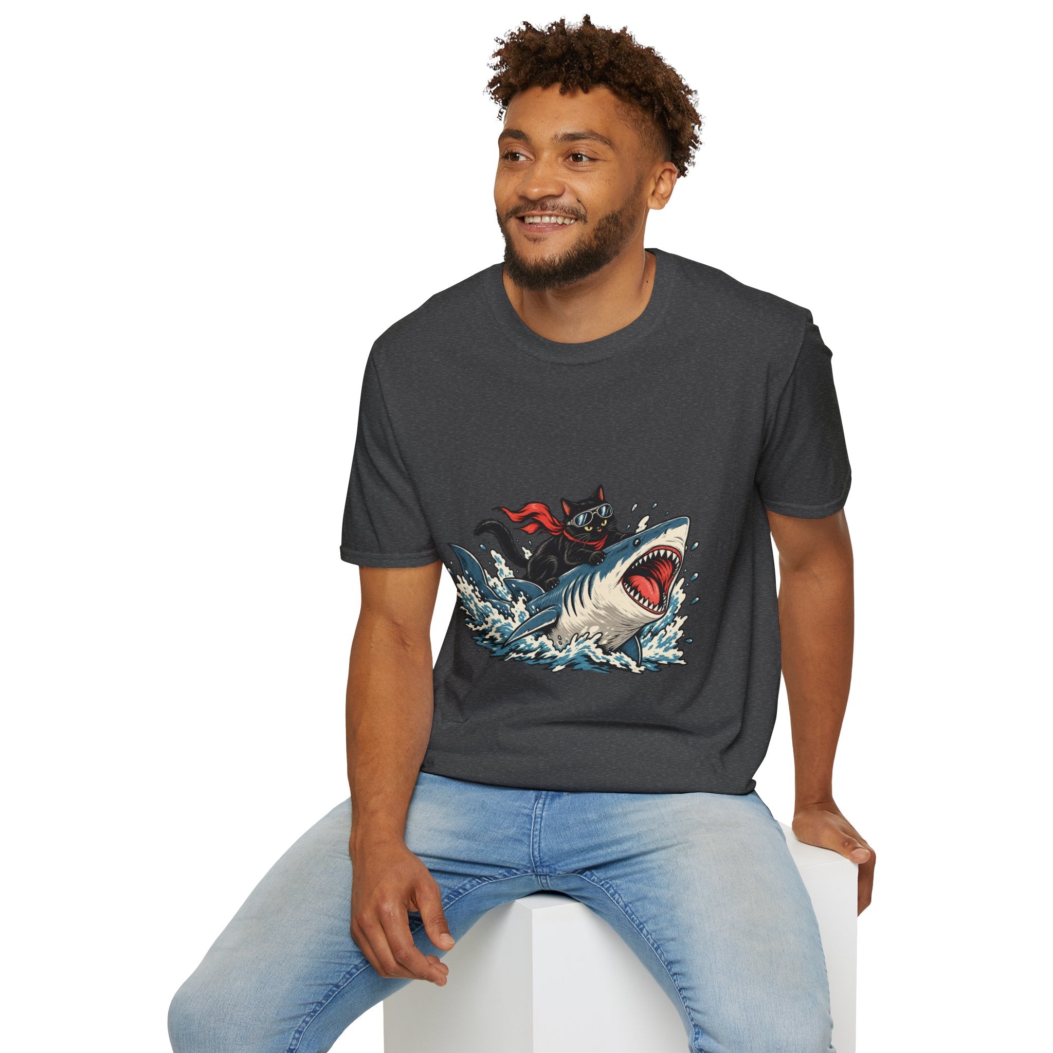 Cat Riding Shark T-Shirt — Retro Surf Graphic Tee for Cat Lovers