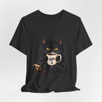 Nope Cat Coffee T‑Shirt — Grumpy Black Cat Holding 'Nope' Mug