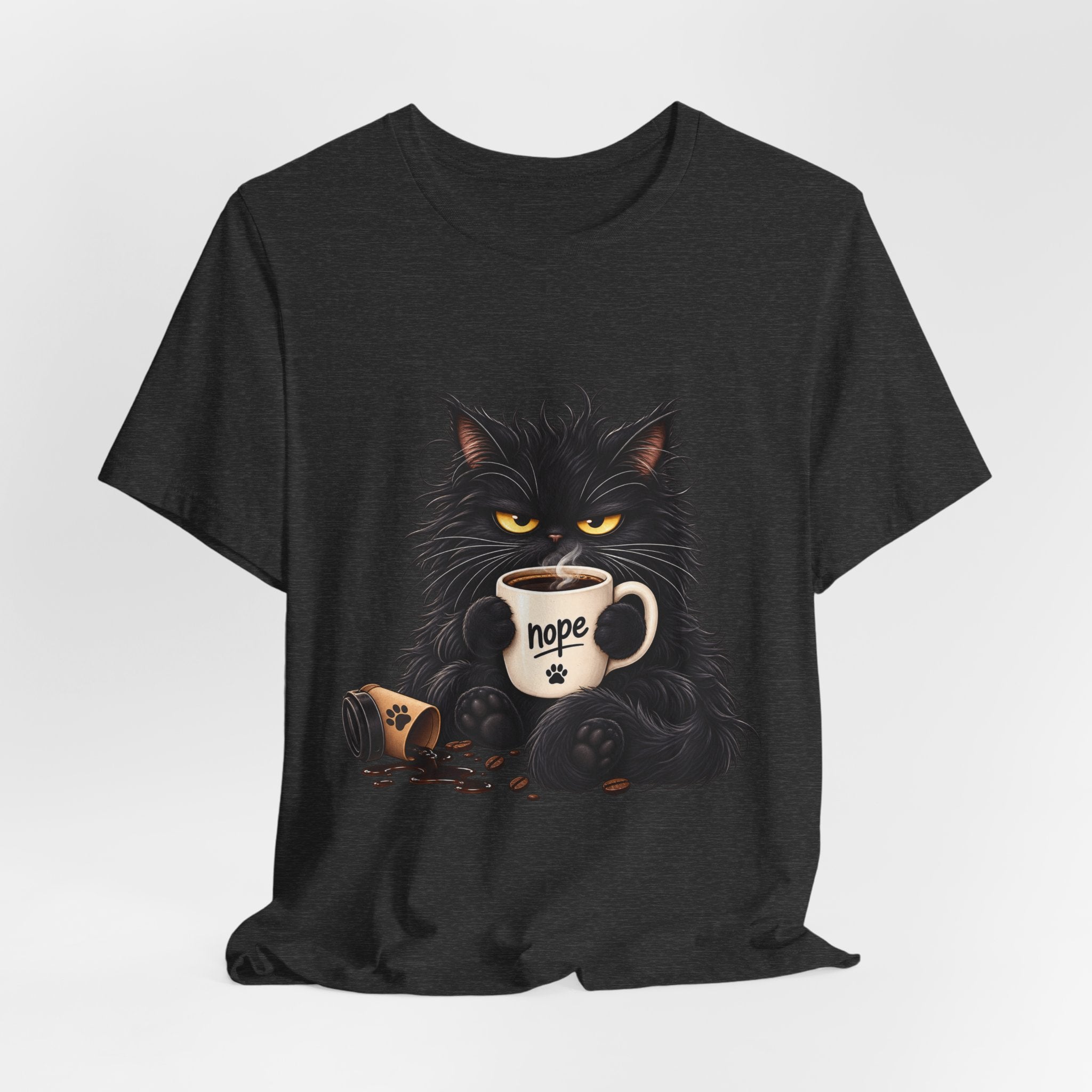 Nope Cat Coffee T‑Shirt — Grumpy Black Cat Holding 'Nope' Mug