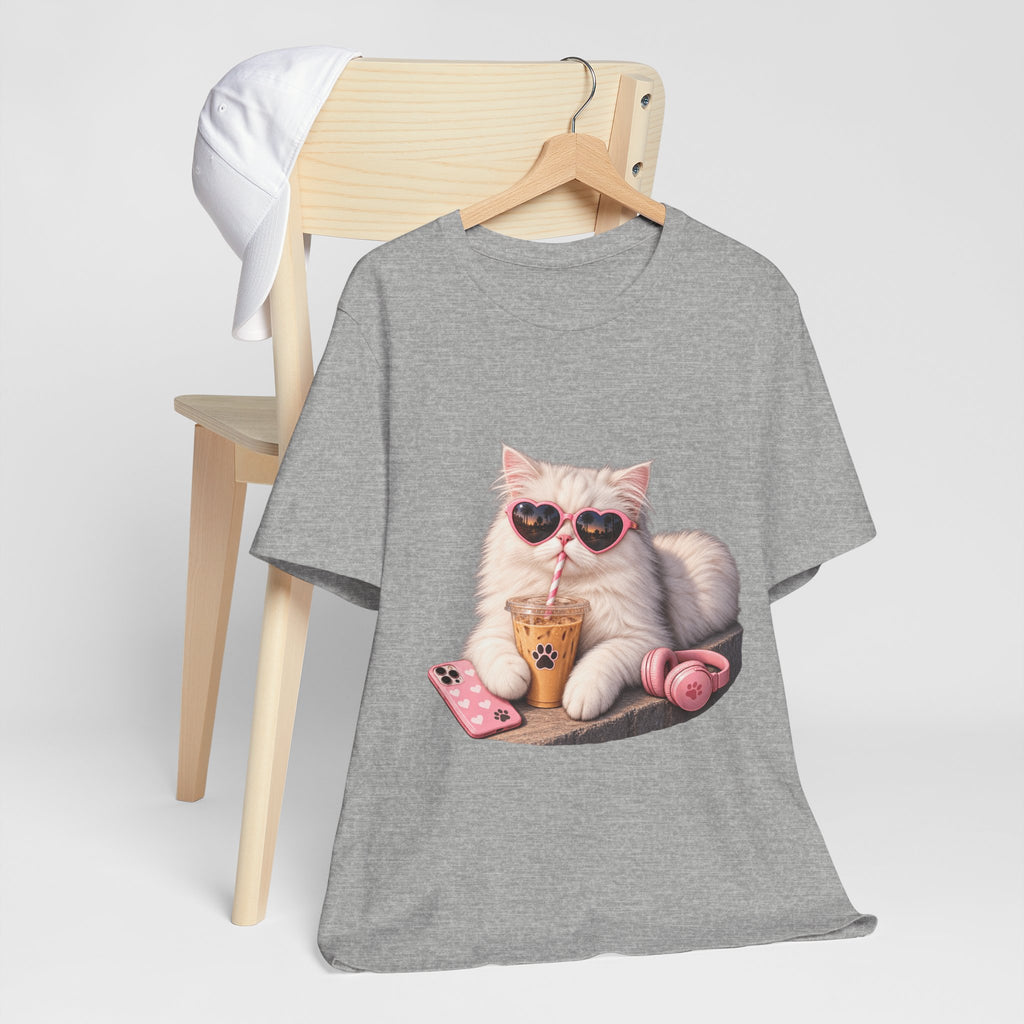 Cat With Boba T-Shirt — Cute White Cat Wearing Heart Sunglasses, Phone & Headphones Tee