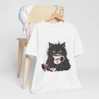 Nope Cat Coffee T‑Shirt — Grumpy Black Cat Holding 'Nope' Mug