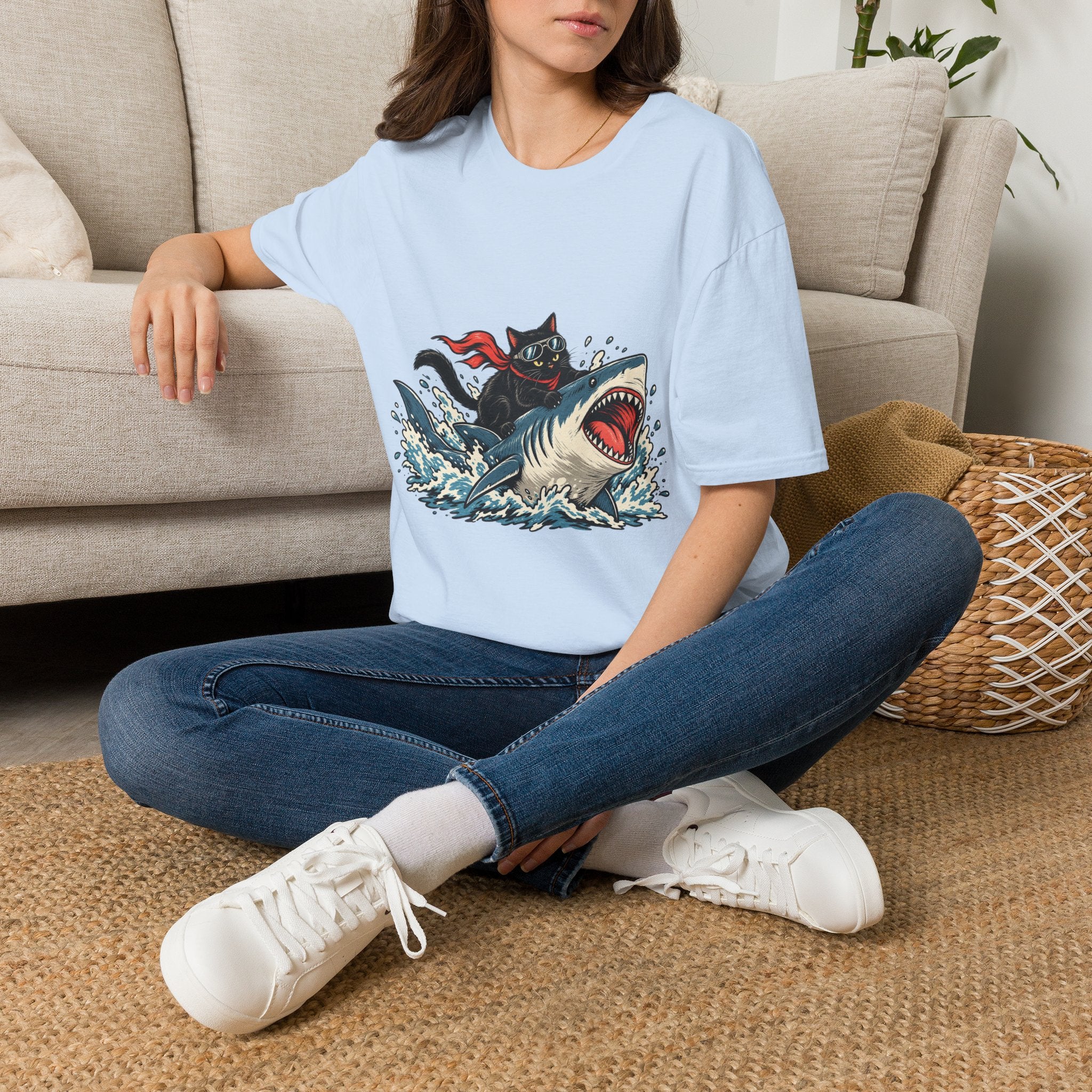 Cat Riding Shark T-Shirt — Retro Surf Graphic Tee for Cat Lovers