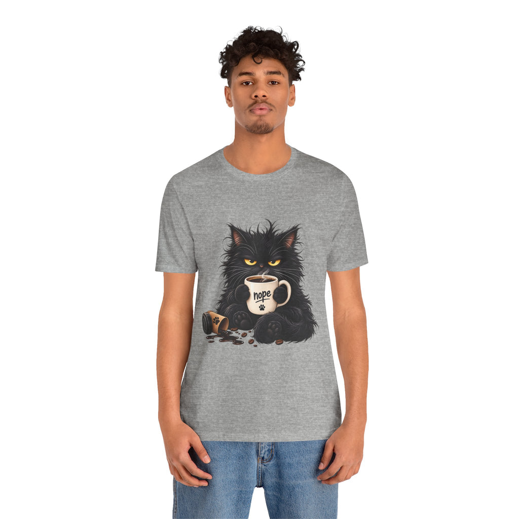 Nope Cat Coffee T‑Shirt — Grumpy Black Cat Holding 'Nope' Mug