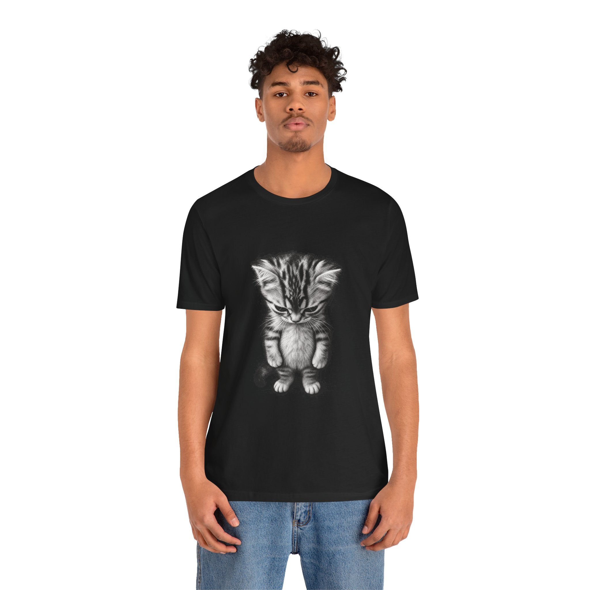 Sad Kitten Illustration T-Shirt — Cute Grayscale Cat Art Tee