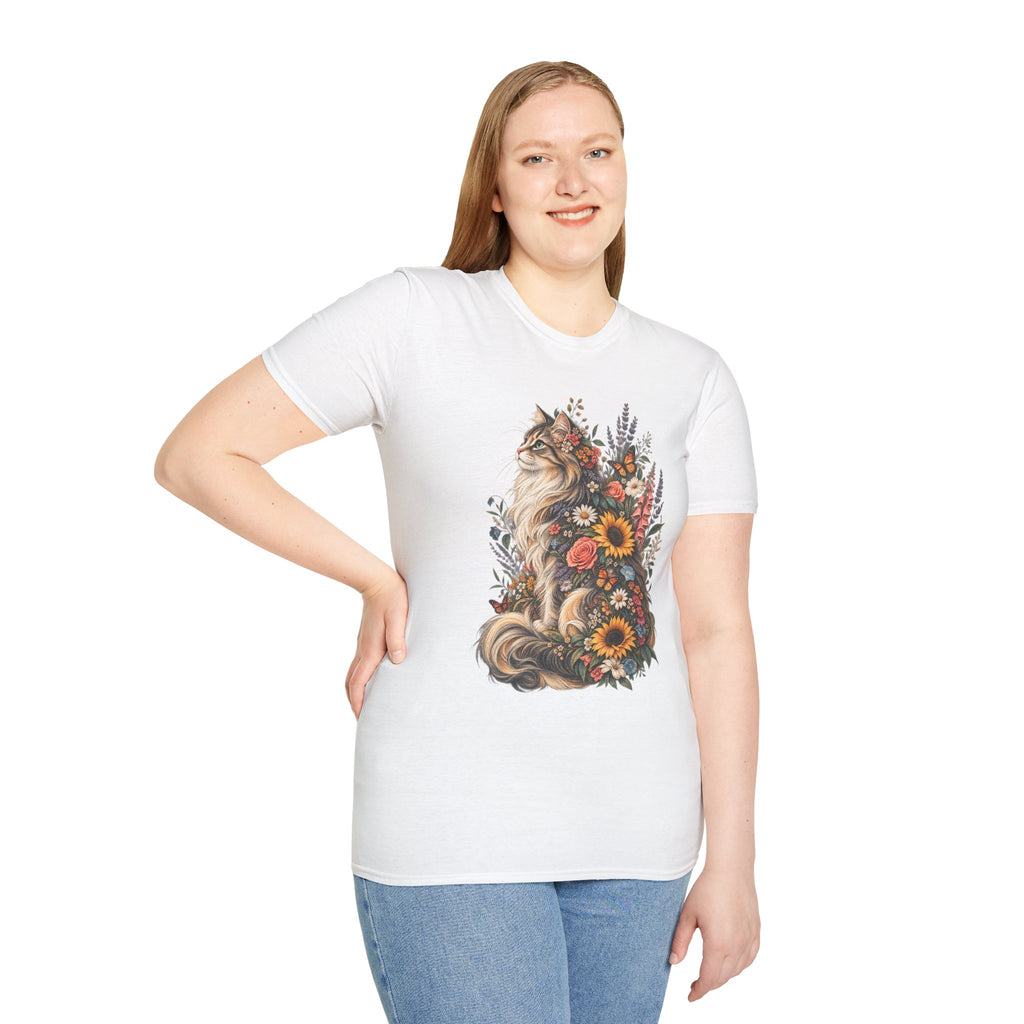 Floral Cat T-Shirt — Sunflower & Wildflower Cat Illustration Tee