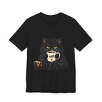 Nope Cat Coffee T‑Shirt — Grumpy Black Cat Holding 'Nope' Mug