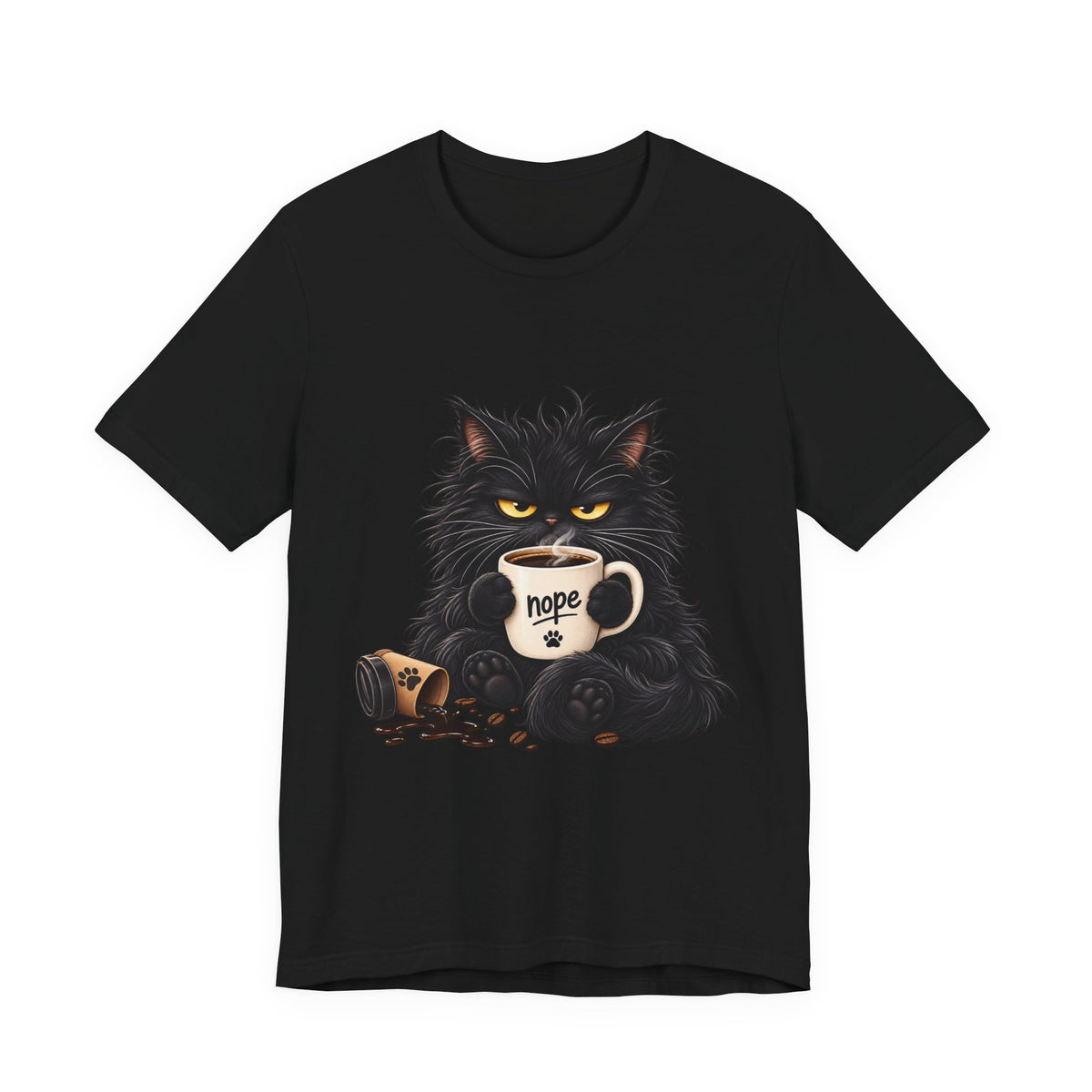 Nope Cat Coffee T‑Shirt — Grumpy Black Cat Holding 'Nope' Mug