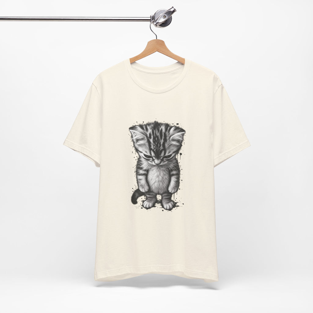 Sad Kitten Illustration T-Shirt — Cute Grayscale Cat Art Tee