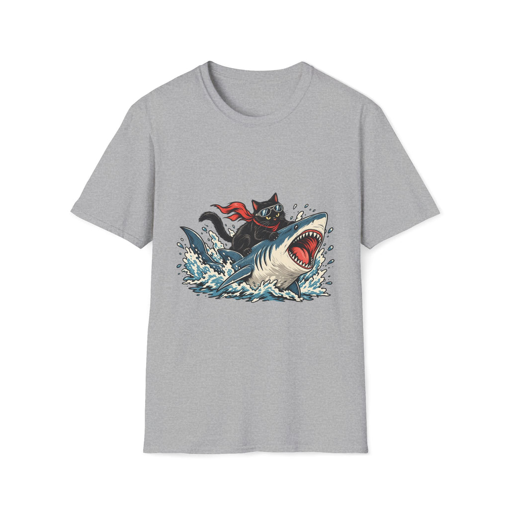 Cat Riding Shark T-Shirt — Retro Surf Graphic Tee for Cat Lovers