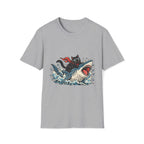 Cat Riding Shark T-Shirt — Retro Surf Graphic Tee for Cat Lovers