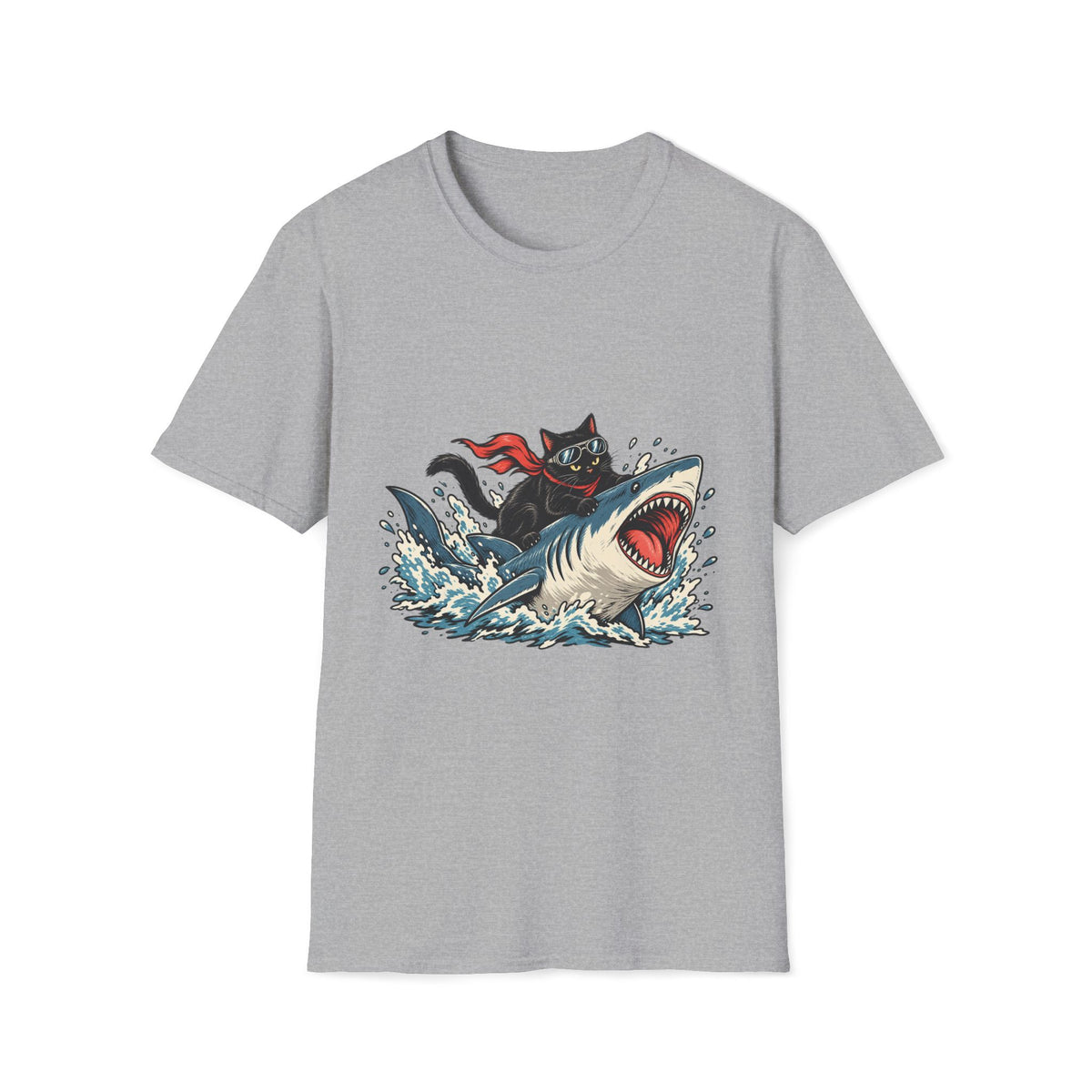 Cat Riding Shark T-Shirt — Retro Surf Graphic Tee for Cat Lovers