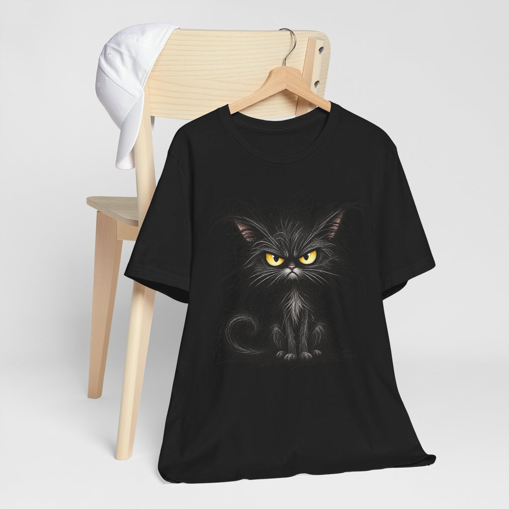 Grumpy Black Cat T‑Shirt — Cute Gothic Cat Tee with Yellow Eyes