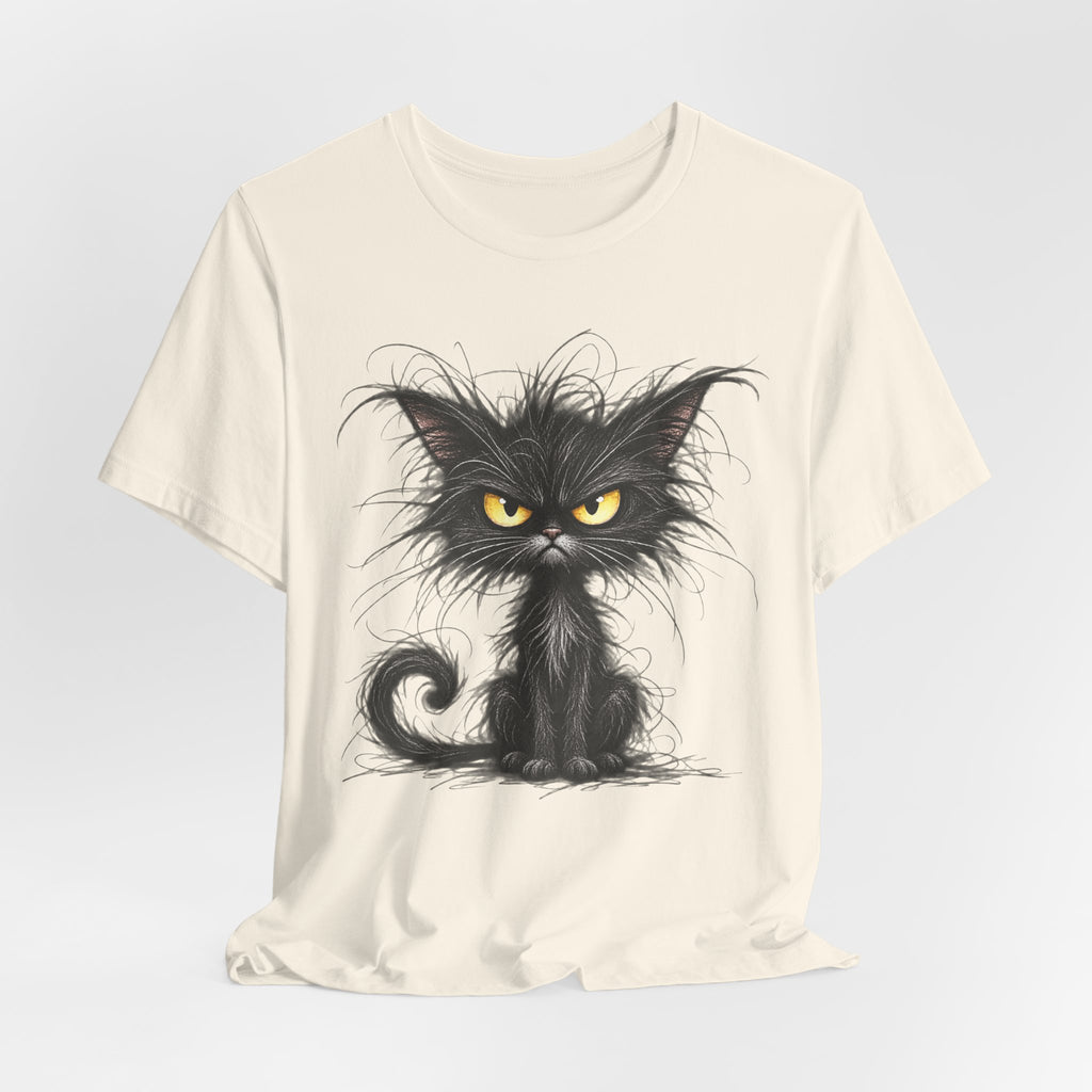 Grumpy Black Cat T‑Shirt — Cute Gothic Cat Tee with Yellow Eyes