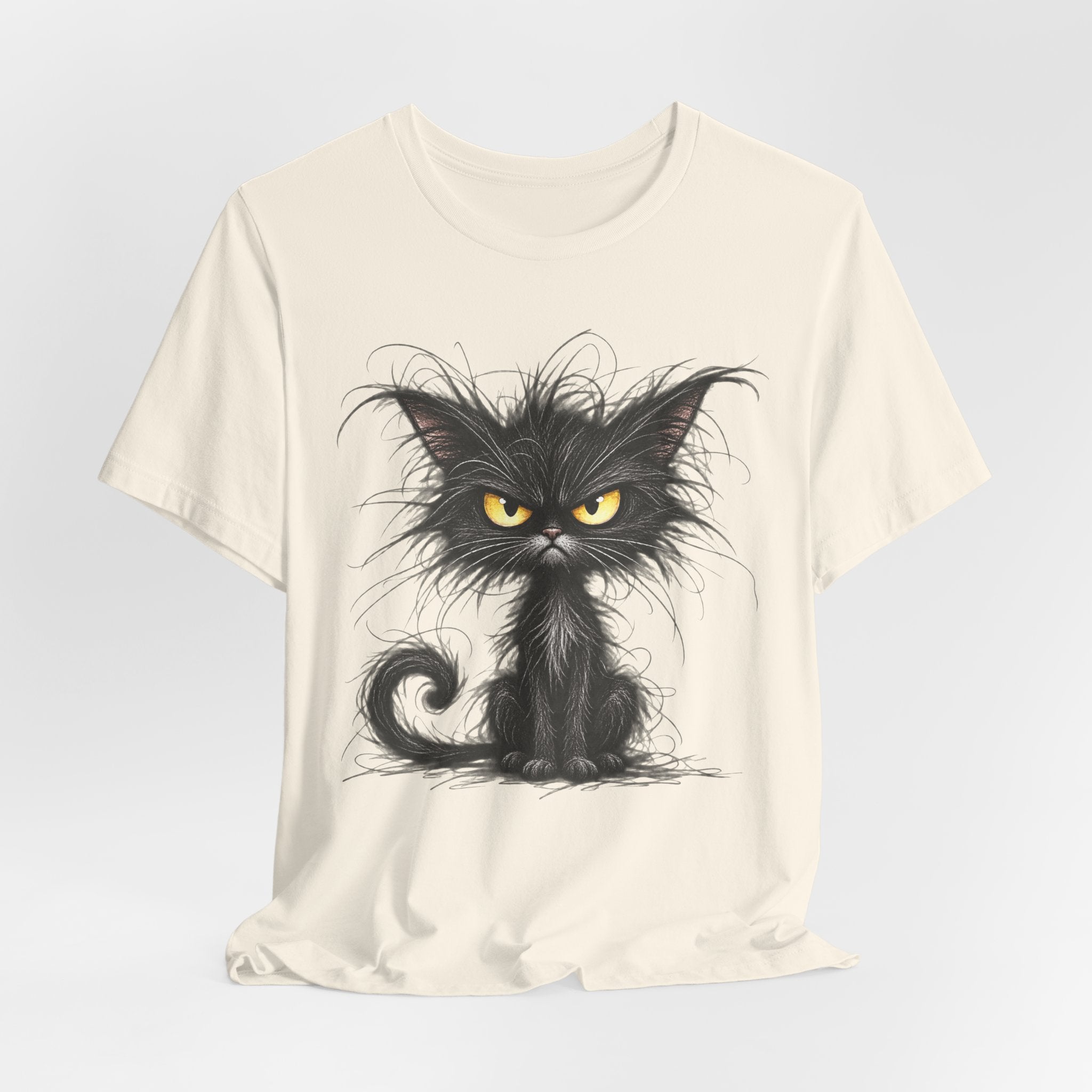 Grumpy Black Cat T‑Shirt — Cute Gothic Cat Tee with Yellow Eyes