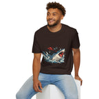 Cat Riding Shark T-Shirt — Retro Surf Graphic Tee for Cat Lovers
