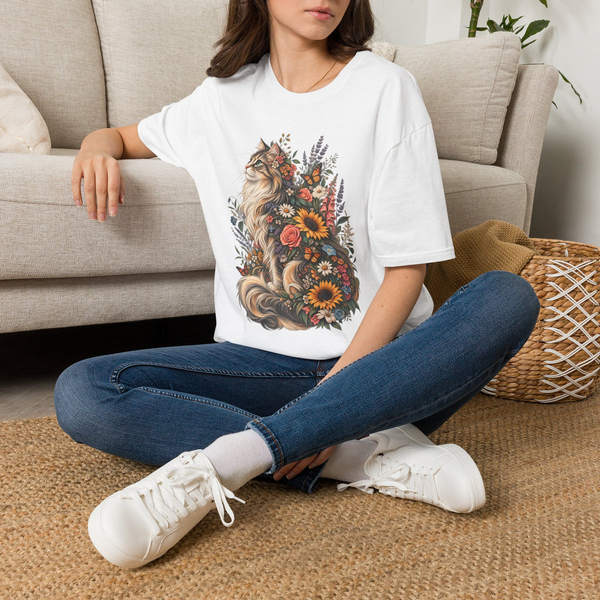 Floral Cat T-Shirt — Sunflower & Wildflower Cat Illustration Tee