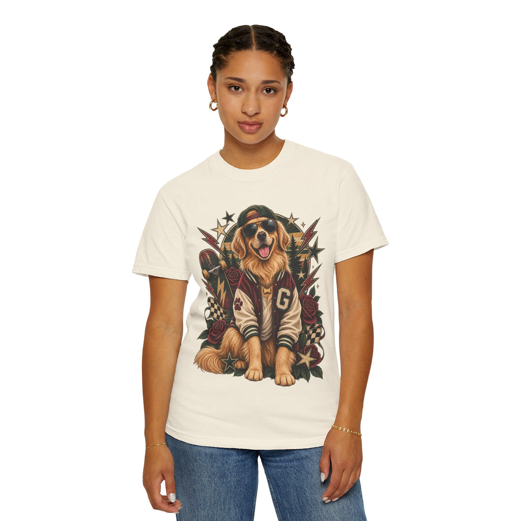 Golden Retriever Varsity T-Shirt — Retro Dog Jacket Design