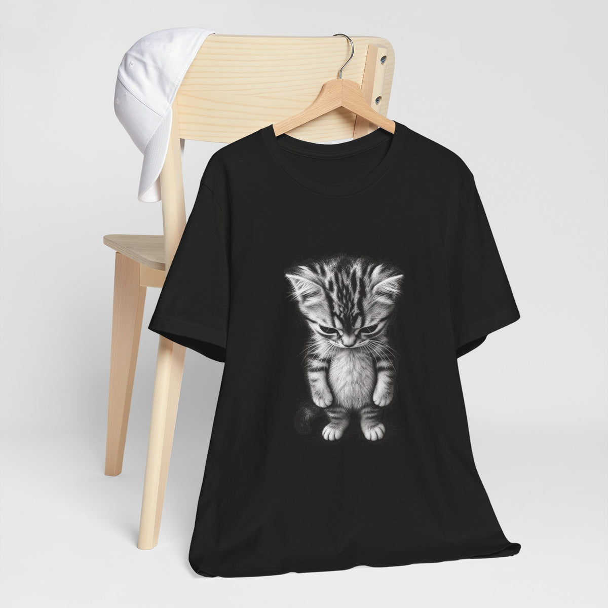 Sad Kitten Illustration T-Shirt — Cute Grayscale Cat Art Tee