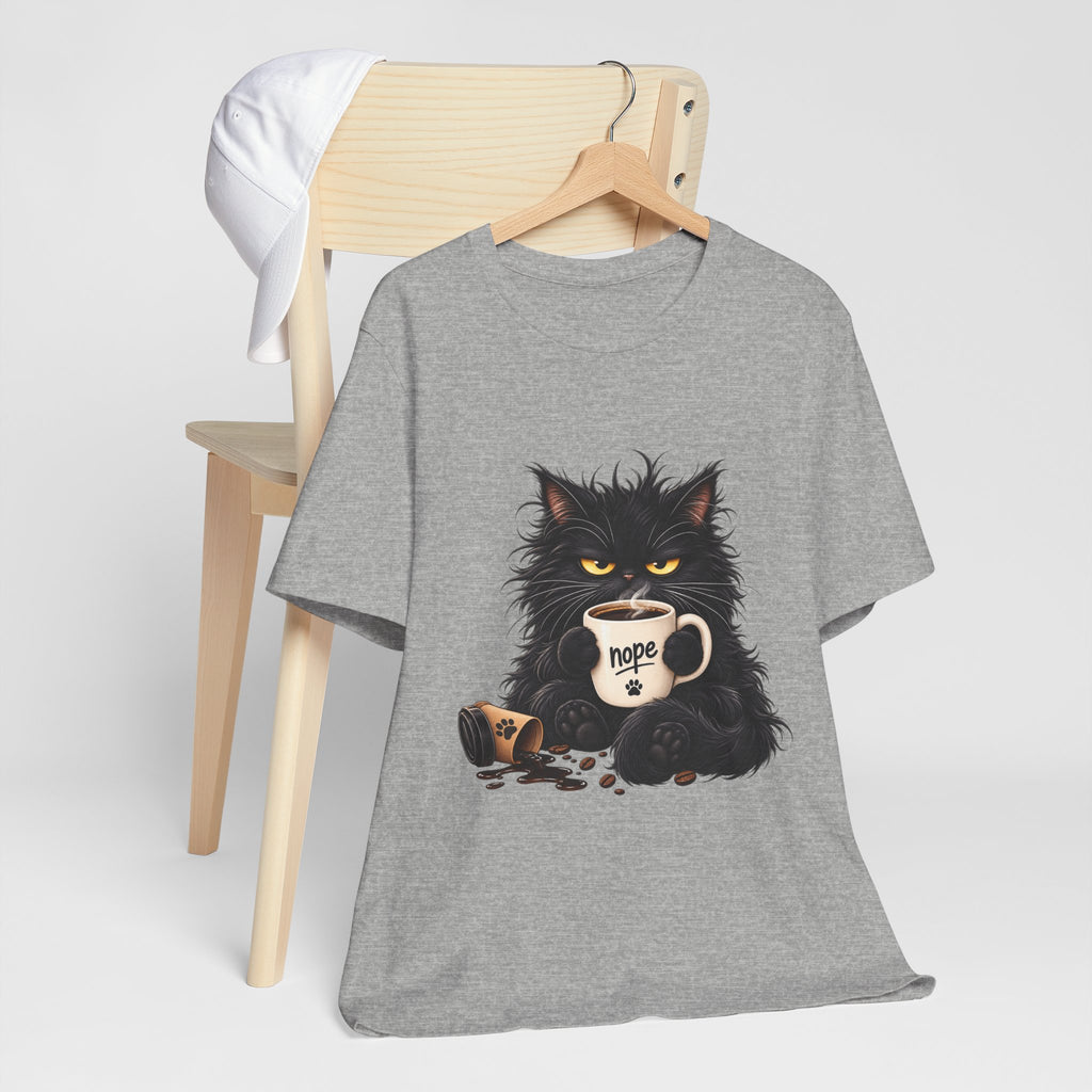 Nope Cat Coffee T‑Shirt — Grumpy Black Cat Holding 'Nope' Mug