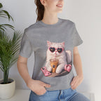 Cat With Boba T-Shirt — Cute White Cat Wearing Heart Sunglasses, Phone & Headphones Tee