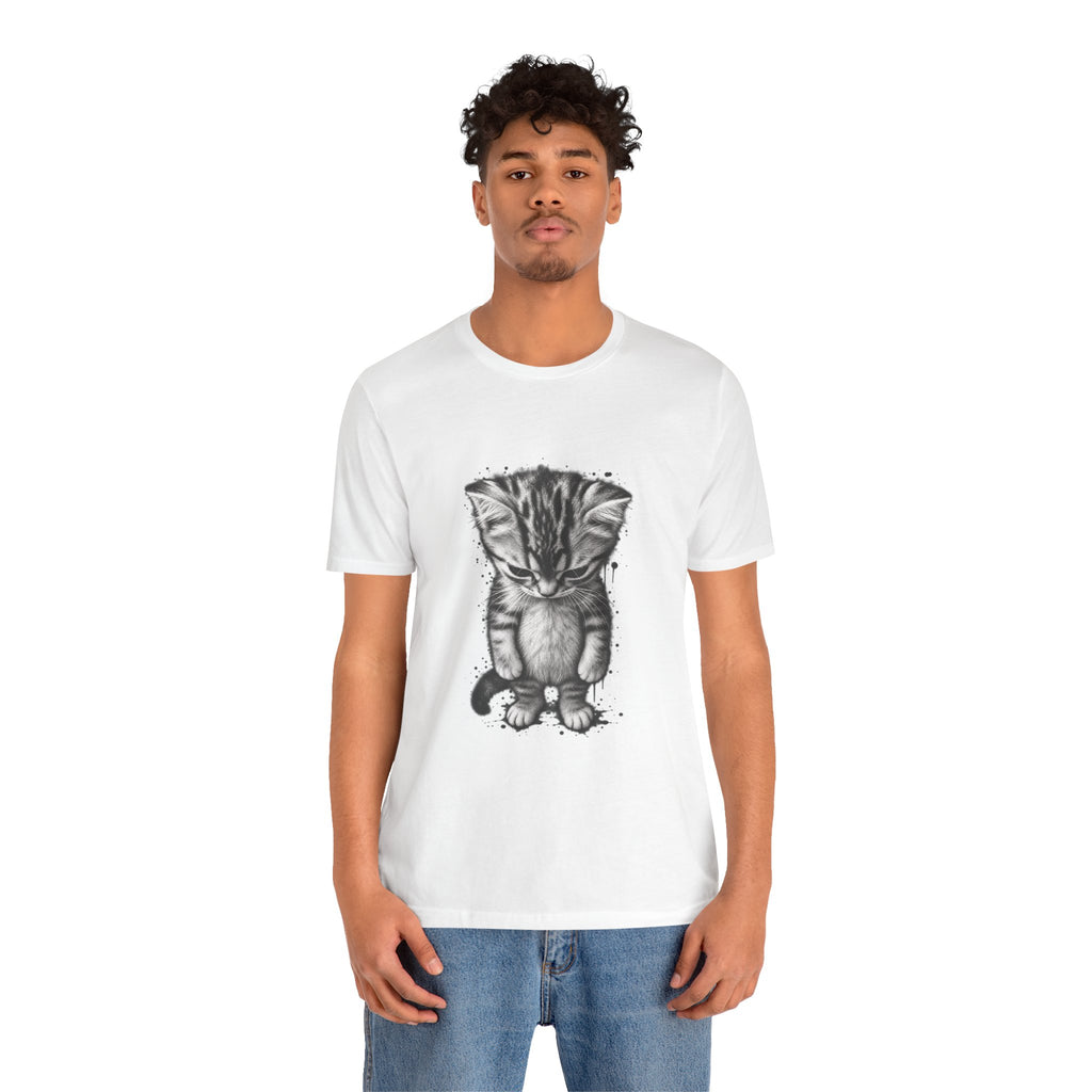 Sad Kitten Illustration T-Shirt — Cute Grayscale Cat Art Tee