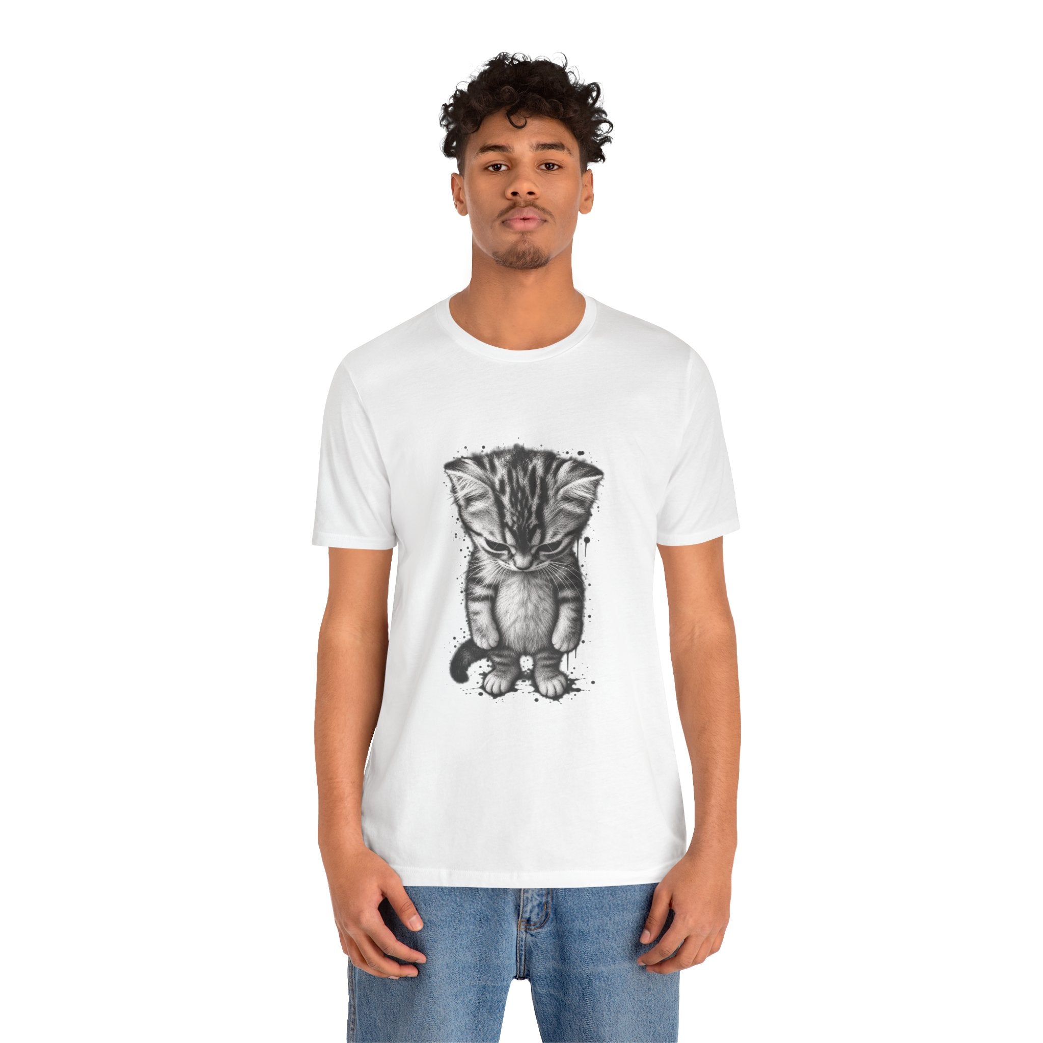 Sad Kitten Illustration T-Shirt — Cute Grayscale Cat Art Tee