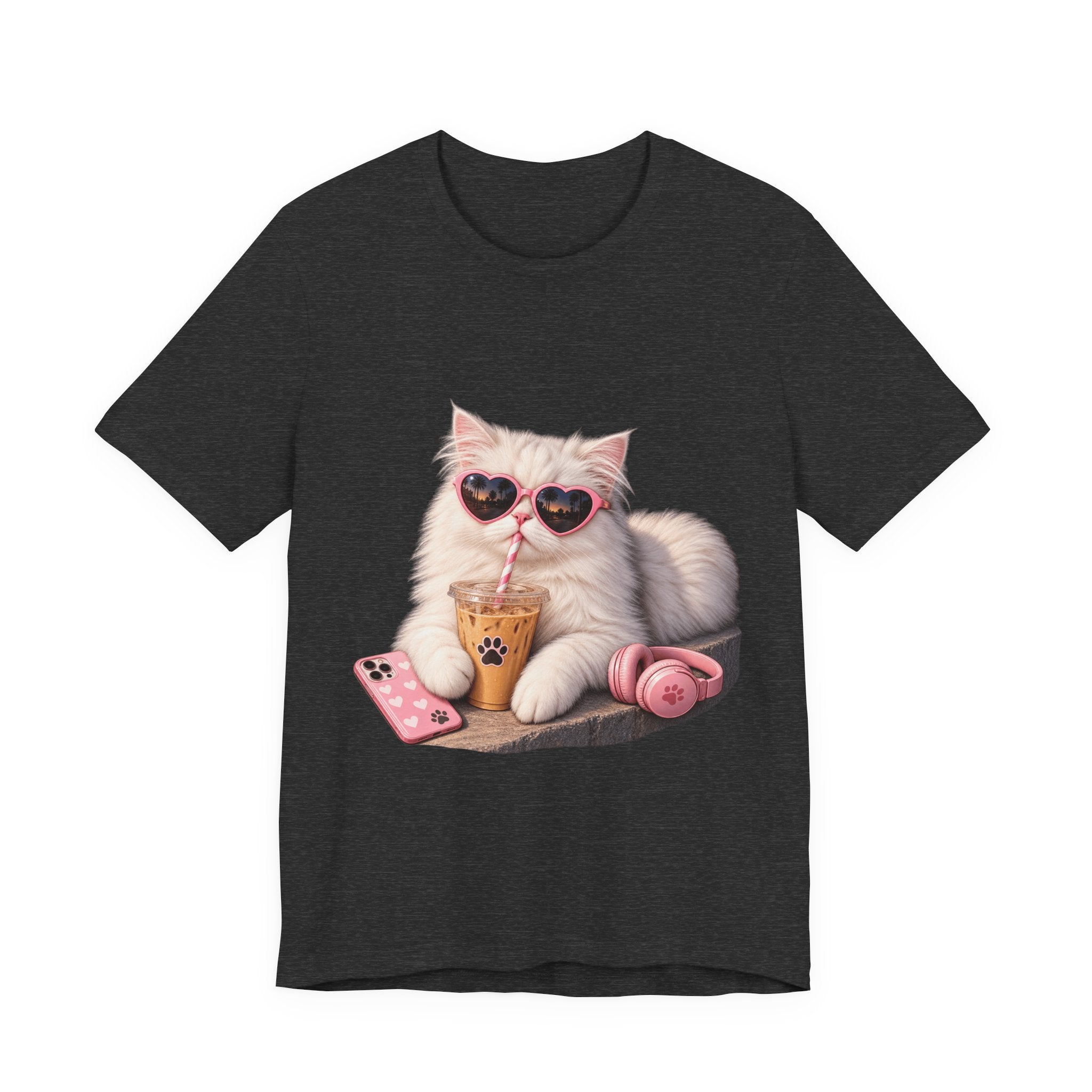 Cat With Boba T-Shirt — Cute White Cat Wearing Heart Sunglasses, Phone & Headphones Tee